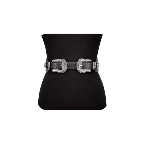 Dubulle Womens Belt Chain Leather Belts Vintage Western Adjustable Elastic Double Buckle for Cowboy Pant Dress - color: Silver Black a