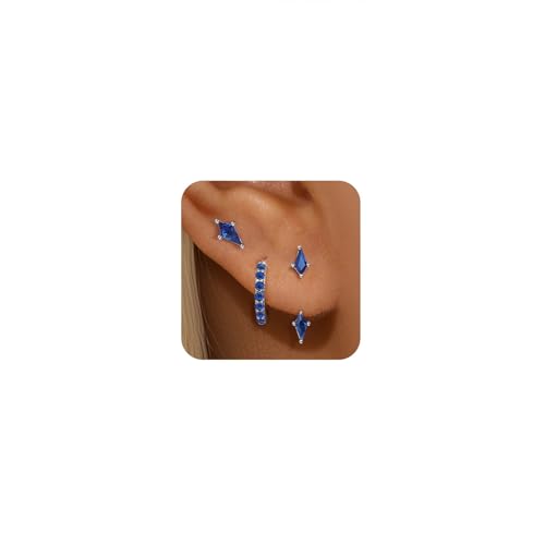 GEORGE · SMITH Stackable Kite Stud Earrings Set for Women, Gold & Silver Huggie Birthstone Jewelry with Emerald Green & Blue Sapphire, Trendy Earrings for Women 2025 - color: silver blue saphire kite stud