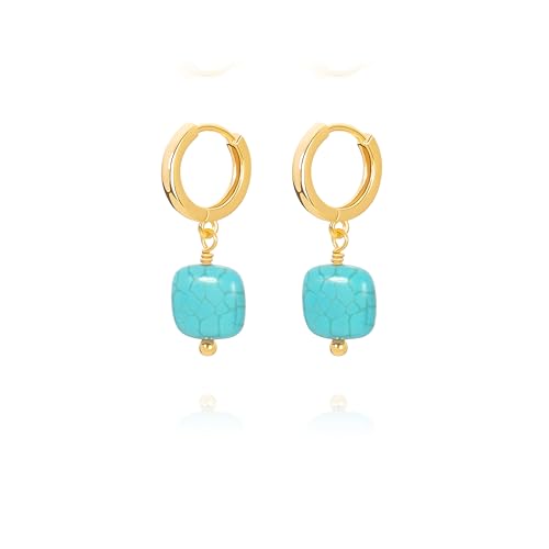 Gold Plated Huggie Hoop Earrings with Charms Fashion Pearl Drop Dangle Earrings for Women Handmade Karma Circle Jewelry for Ladies Lightweight Pearl Earrings on Christmas - color: turquoise-blue