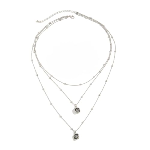 KURTCB Silver Necklace Stack Triple Layered Silver Square Pendant Necklace for WomenTrendy Dainty Jewelry