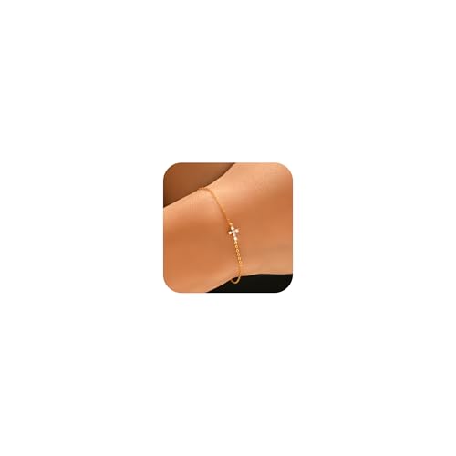 Double Cross Bracelet for Women 925 Sterling Silver Dainty 14K Gold Plated Cubic Zirconia Bracelet Faith Christian Bracelets Adjustable Chain Religious Christian Baptism Jewelry Gifts - color: Gold