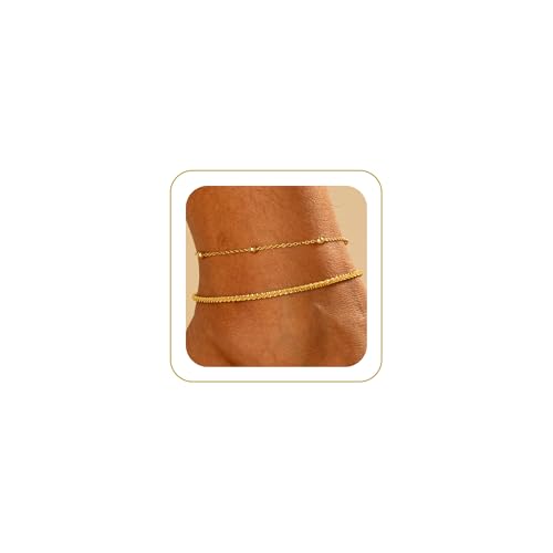 Tewiky Sterling Silver Plated Ankle Bracelets for Women,Dainty Layered Waterproof Anklet for Women Adjustable Sparkly Herringbone Beaded Rope Chain Set Stackable Cute Summer Beach Jewelry Gift - color: gold2