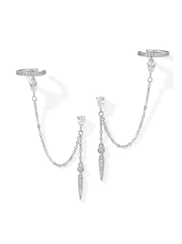 MUMREUES Gold Earrings for Women Trendy 14K Gold Plated Dangle Earrings Small Hoop Huggie Drop Stud Earrings Cubic Zirconia Simple Minimalist Dainty Chain Tassel Hypoallergenic Earrings - color: Ear Cuff & Silver