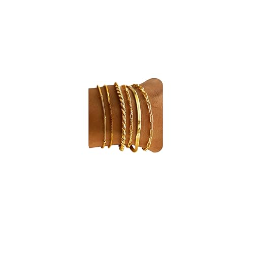 DEARMAY Sterling Silver Plated Bracelets Set for Women Waterproof, Non Tarnish Sterling Silver Link Chain Bracelets Pack Dainty, Fashion Jewelry Gifts for Everyday Comfortable - color: 6Pcs Gold Bracelet A