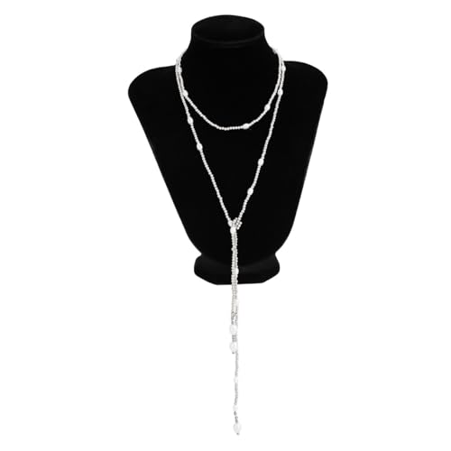 Statement Long Necklaces for Women Vintage Layered Beaded Long Chain Necklaces Boho Y Shaped Tassel Long Pearl Necklace Statement Bead Necklace Jewelry Gift for Women - style: Silver Pearl Beaded