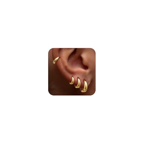 Foxgirl 4 Pairs Small Chunky Huggie Hoop Earrings for Women - Dainty 14K Gold Plated Hypoallergenic Lightweight Stack Earring Sets for Multiple Piercing Trendy Jewelry