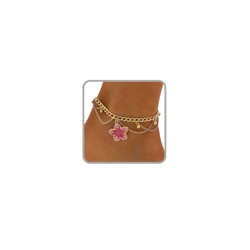 Ankle Bracelets for Women Gold Anklets for Women Waterproof Summer Beach Jewelry Pink Blue White Silver Flower Anklets for Women Plus Size Anklet Bracelet for Big Ankles Foot Jewelry - color: 4 - pink
