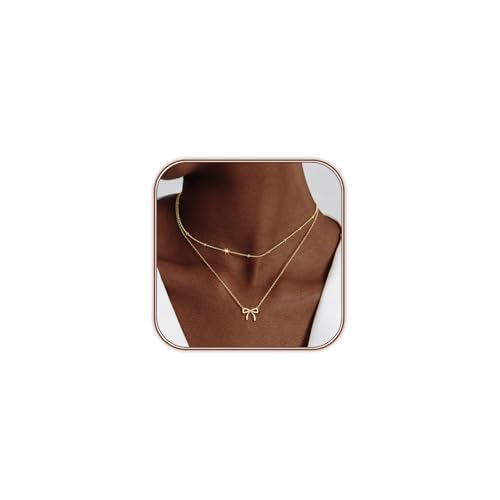 OGD Gold Necklace for Women, Bow Necklace 14K Layered Gold Necklace Dainty Bow Pendant Choker Necklace Trendy Bow Necklace Gold Chain Necklaces for Women Jewelry Gift - color: Gold Bow-2PCS