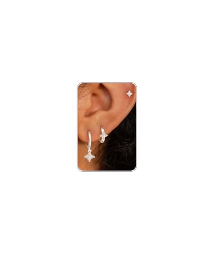 3 Pairs Small Earring Stacks, 14K Gold/Silver/Black/Rose Gold Plated Pearl Heart Butterfly Star Diamond Charm Drop Huggie Earrings Trendy Jewelry Gift for Women - color: Silver-Clover