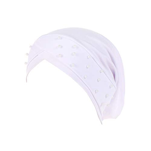 Women Beaded Silky Beanie, Pre-Tied Turban Head Wrap Cap for Chemo Chemical Cancer Hair Loss Cover Hat - color: White