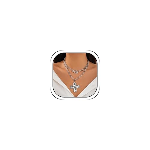 Chunky Cross Necklace for Women Chunky Gold Necklace Statement Cross Pendant Vintage Toggle Clasp Necklace Jewelry for Women - color: B2-Silver Cross Necklace