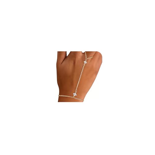 Gold Bracelets for Women Trendy, Dainty Gold Hand Chain Bracelets Stackable 14k Gold Plated Finger Ring Bracelet Hand Chain Cz Flower Layered Link Bracelets for Women Non Tarnish Jewelry Gifts - style: cz flower hand chain bracelet-gold