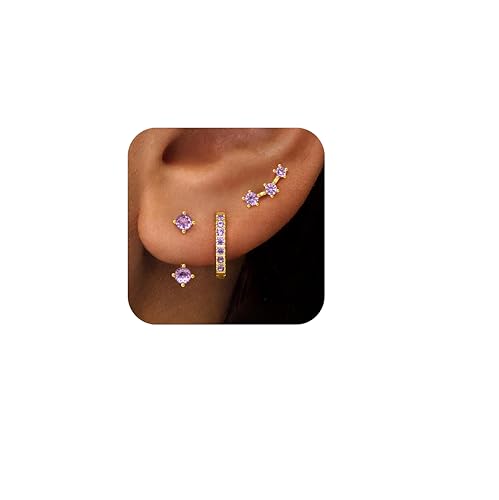 3 Pairs Dainty Small 4th of July Earrings for Women Trendy, Birthstone Stud Huggie Hoop Jacket Stack for Cartilage Helix, Gold Plated Hypoallergenic Cute Women Fashion Accessories Western Jewelry Gifts - color: 06Purple Created Alexandrite-June (Gold)