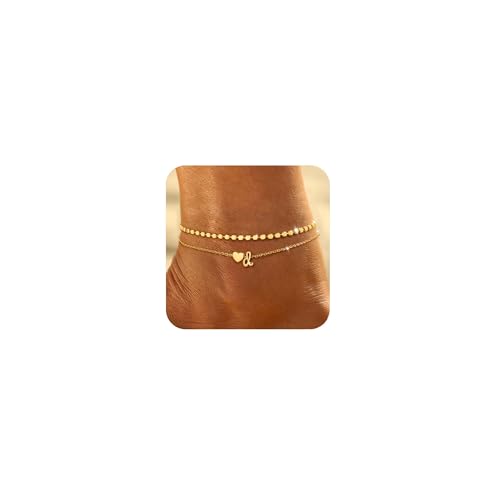 Honsny Initial Ankle Bracelets for Women Waterproof 14K Gold Plated Layered Anklets for Women Non Tarnish Dainty Heart Letter A-Z Ankle Bracelets Handmade Adjustable Summer Beach Gold Anklet Jewelry - style: Gold D