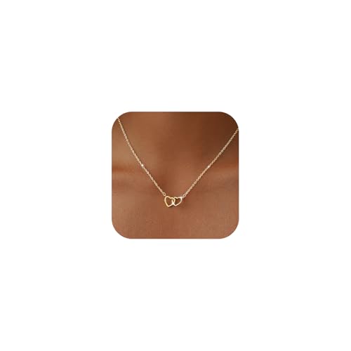 Heart Necklace for Women Dainty 14K Gold/Silver Plated Love Charm Pendant Choker Adjustable Chain Meaningful Cute Jewelry Gift for Her Wife Best Friend Couple - style: Double Heart-GD