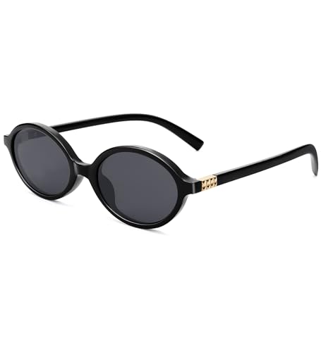 NULOOQ Retro Oval Sunglasses for Women 90s Trendy Vintage Small Round Sunnies Shades - color: C5* Black Frame/Gray Lens