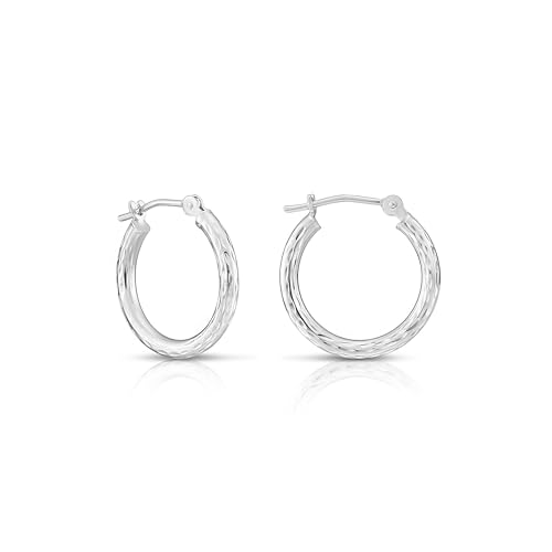 10K White Gold Hand Engraved Full Diamond-cut Round Hoop Earrings, Secure Latch Back Closure - style: 16mm