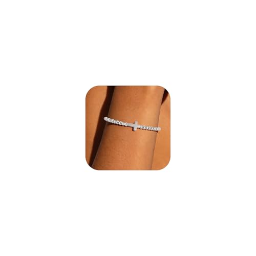 Elastic Beaded Charm Bracelets for Women - Adjustable Stackable Dainty Bracelet with Gold or Silver Charms, Jewelry Gift for Her - style: Sliver-Cross