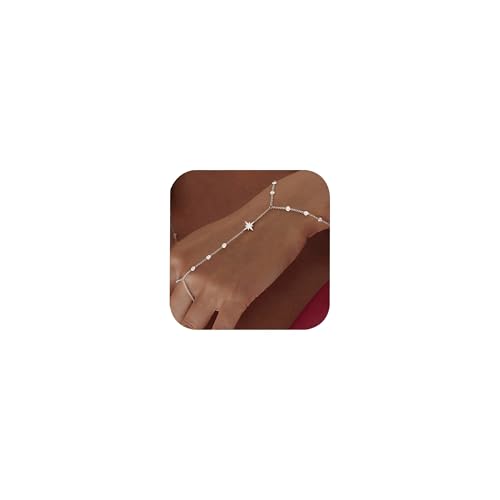 Silver Gold Ring Hand Chain Bracelet for Women non Tarnish Star Dainty Bracelets Hand Chain Ring Stackable Chains Bracelet - color: silver1