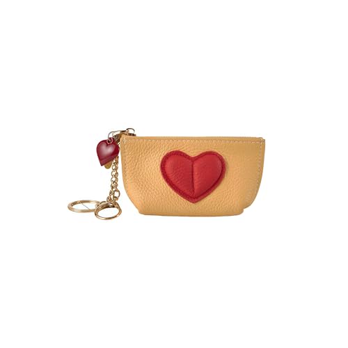 Red Heart Design Small Coin Purse - Cute Compact Keychain Change Purse Soft Leather Wallet with Zipper for Women (Yellow) - color: Yellow