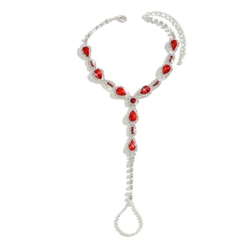 1Pair Rhinestone Tassel Anklet Barefoot Sandals Foot Chain with Toe Ring Summer Beach Crystal Hand Chain Wedding Bridal Sparkling Foot Jewelry for Women Prom - color: Red
