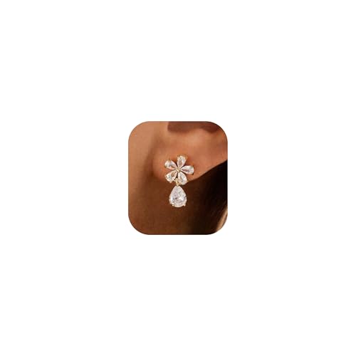 Cubic Zirconia Earrings - 14K Gold/Whte gold/Rose Gold Plated Cubic Zirconia CZ Diamond Wedding Earrings for Women Bridal Bridesmaid - color: Flower Drop