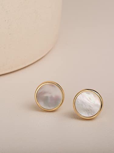 S.Leaf Gold Stud Earrings for Women Sterling Silver Gold plated Hypoallergenic Shell Mother of Pearl Post Earrings for Women Birthday Gifts - color: A01_Shell_7mm_Gold