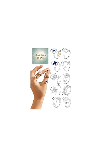 10Pcs Fidget Anxiety Rings for Women Adjustable Spinner Ring Gifts for People With Anxiety Moon Sun Butterfly Galaxy Daisy Flower CZ Stress Relief Calm Rings Jewelry 14K Gold/Silver/Rose Gold Plated - color: Silver Plated