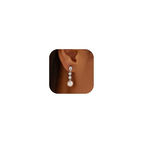 Pearl Earrings for Women Dainty Diamond Pearl Drop Earrings 14k Gold Plated Dangle Earrings for Women Weddings Gifts Bridesmaid Gifts - color: C-silver pearl earrings