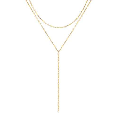Foxgirl Lariat Gold Necklace for Women, Dainty Long Necklace 14k Gold Plated/Silver Y-Shaped Pendant Necklace Trendy Layered Cz Beaded Chain Drop Necklaces Simple Gold Jewelry For Women Gift - color: Y Layered Bar-GD
