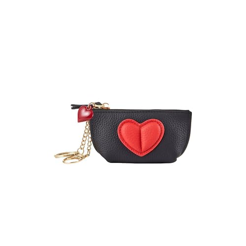 Red Heart Design Small Coin Purse - Cute Compact Keychain Change Purse Soft Leather Wallet with Zipper for Women (Black) - color: Black