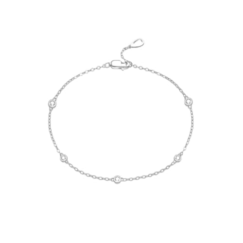 Cubic Zirconia Station Bracelet for Women, 14K Gold Plated or 925 Sterling Silver, Dainty Adjustable Chain, Stackable Minimalist Jewelry - color: White Gold