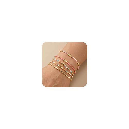 14K Gold Plated Beaded Bracelets Stack Set for Women,Stretch Boho Colorful Beads Ball Jewelry Friendship Summer Trendy - color: Gold pink