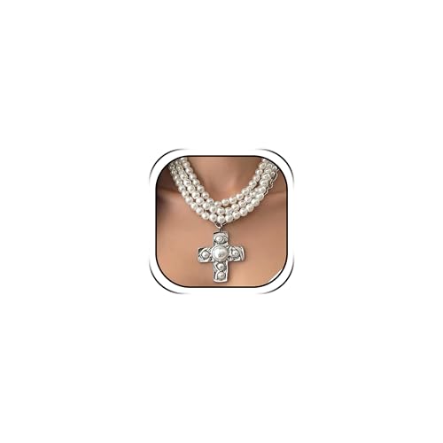 Chunky Cross Necklace for Women Chunky Gold Necklace Statement Cross Pendant Vintage Toggle Clasp Necklace Jewelry for Women - color: G2-Silver Cross Necklace