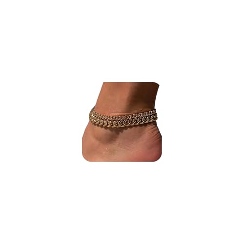 Tewiky Chunky Ankle Bracelets for Women,Dainty Layered Waterproof Anklet for Women Adjustable Cuban Set Stackable Cute Summer Beach Jewelry Gift - color: gold