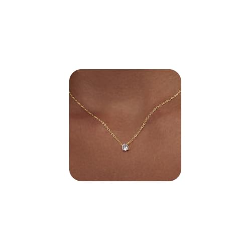 Luxval Diamond Pendant Gold Necklace for Women，Dainty 18k Gold Plated Choker Necklaces Simple Gold Jewelry Gifts for Women Girls - color: Gold-Round CZ