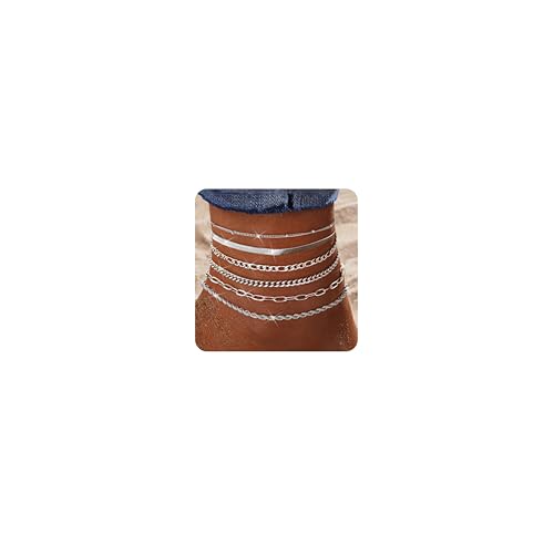 Besteel Ankle Bracelets for Women Waterproof - 14K Gold Plated Non Tarnish Layered Cuban Link Chain Rope Figaro Herringbone Anklets Set Plus Size Anklet Summer Foot Jewelry Gift Adjustable 8-12 Inch - style: 6 Pcs Steel Cuban-8.5+2.5 Inch