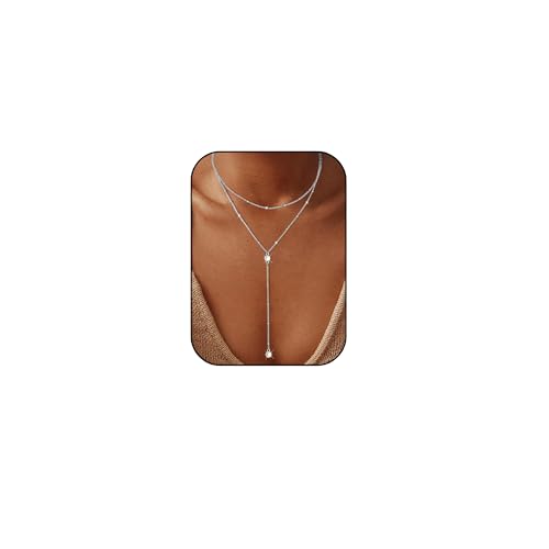 iF YOU Lariat Gold Long Necklaces for Women Trendy, Dainty 14K Gold Plated Drop Chain Necklace, Layered Rosary Beaded Y Necklaces Summer Beach Jewelry Gifts - color: Silver Bead CZ necklace