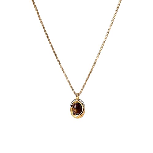 Natural Tiger Eye Necklace, Gold Stone Pendant Necklace, Vintage Gemstone Jewelry, Chunky Statement Wedding Prom Minimalist Boho Necklace