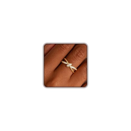 FISSEN JEWELRY Gold Rings for Women, Non Tarnish Dainty 14k Gold Plated Silver CZ Cross Ring Cute Cubic Zirconia Pinky Thumb Stackable Band Silver Finger Rings Size 6-10 Jewelry for Her - color: Gold Diamond Knot