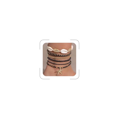 Shell Anklets Bracelet for Women Waterproof Surfer Starfish Bracelet Puka Shell Anklet Colorful Boho Stack Stretch Bead Bracelet Set Hawaii Summer Beach Vacation Foot Jewelry - color: Black