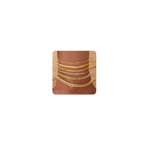 Besteel Ankle Bracelets for Women Waterproof - 14K Gold Plated Non Tarnish Layered Cuban Link Chain Rope Figaro Herringbone Anklets Set Plus Size Anklet Summer Foot Jewelry Gift Adjustable 8-12 Inch - style: 6 Pcs Gold Bead-8.5+2.5 Inch