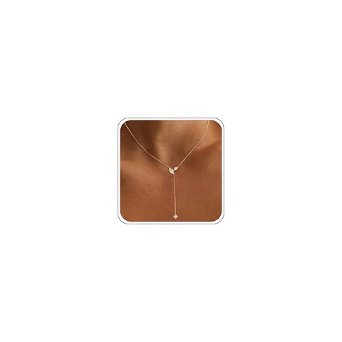 Gold Necklace for Women - Dainty Long Lariat Necklace 14K Gold Plated Clover Star Teardrop CZ Y Shaped Drop Necklaces Cute Long Necklaces for Women Trendy Prom Formal Womens Jewelry - color: Silver PJ Drop