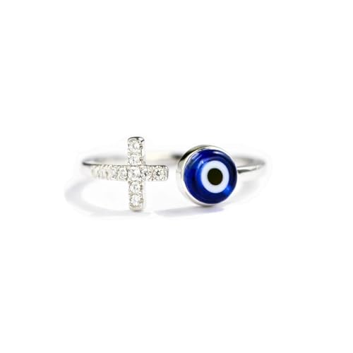 Adjustable Evil Eye Ring Silver Dainty Open Adjustable Rings Cross Evil Eye Jewelry for Women Energy Protection Ring