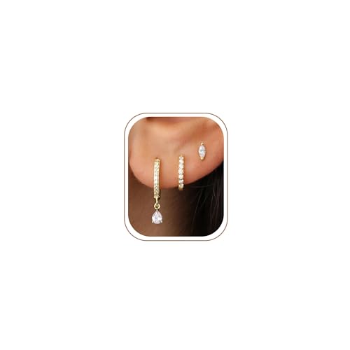 14K Gold Plated Small Huggie Hoop Earrings Set for Women, Hypoallergenic Dainty Sterling Silver Dangle Studs for Cartilage Helix, Lightweight Trendy Cute Stack Birthstone Jewelry Gift - color: 04_Diamond_Apr_Gold