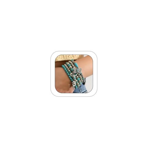 Western Turquoise Beaded Bracelet Stack - Vintage Cowgirl Stretch Set with Bull Skull, Feather & Boot Charms, Handmade Boho Jewelry for Rodeo, Country Concerts & Casual Western Outfits - style: Set