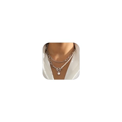 Gold Stack Necklace Chunky Necklaces for Women Trendy Coin Pendant Long Necklaces Western Jewelry for Women Cowgirl Cowboy Chic Country Outfit Boho Accessories Birthday Jewelry Gifts - color: B Silver Paperclip Pearl Chain Necklace