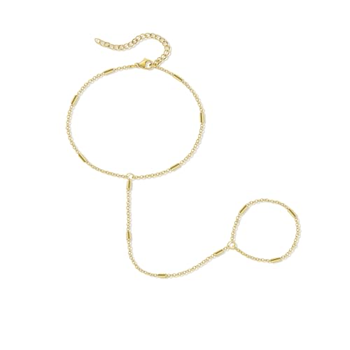 Hand Chain Bracelet Stainless Steel Finger Ring Bracelet Adjustable Gold Plated Hand Chain CZ Stackable Boho Minimalist Jewelry for Women - color: Gold Hand Chain Bracelet AN142G