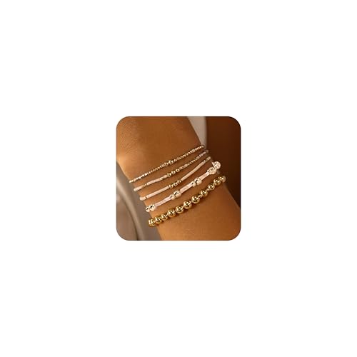 14K Gold Beaded Ball Stackable Bracelets for Women,Bohemian Stretch Colorful Seed Beads Bracelet Stack Fashion Holiday Jewelry Gift Friendship - color: Beige