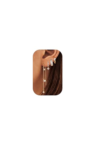 LOYALLOOK Hypoallergenic Flat Back Stud Hoop Earrings for Women, 14K Gold Plated Surgical Steel Earring Stacks Set for Sensitive Ears, Dainty Dangle Chain Silver Cartilage Earring Trendy Piercing Jewelry - color: Gold-chain